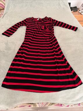 Yala Black and Red Striped Long-Sleeve Wrap Midi Dress Bamboo Viscose size L